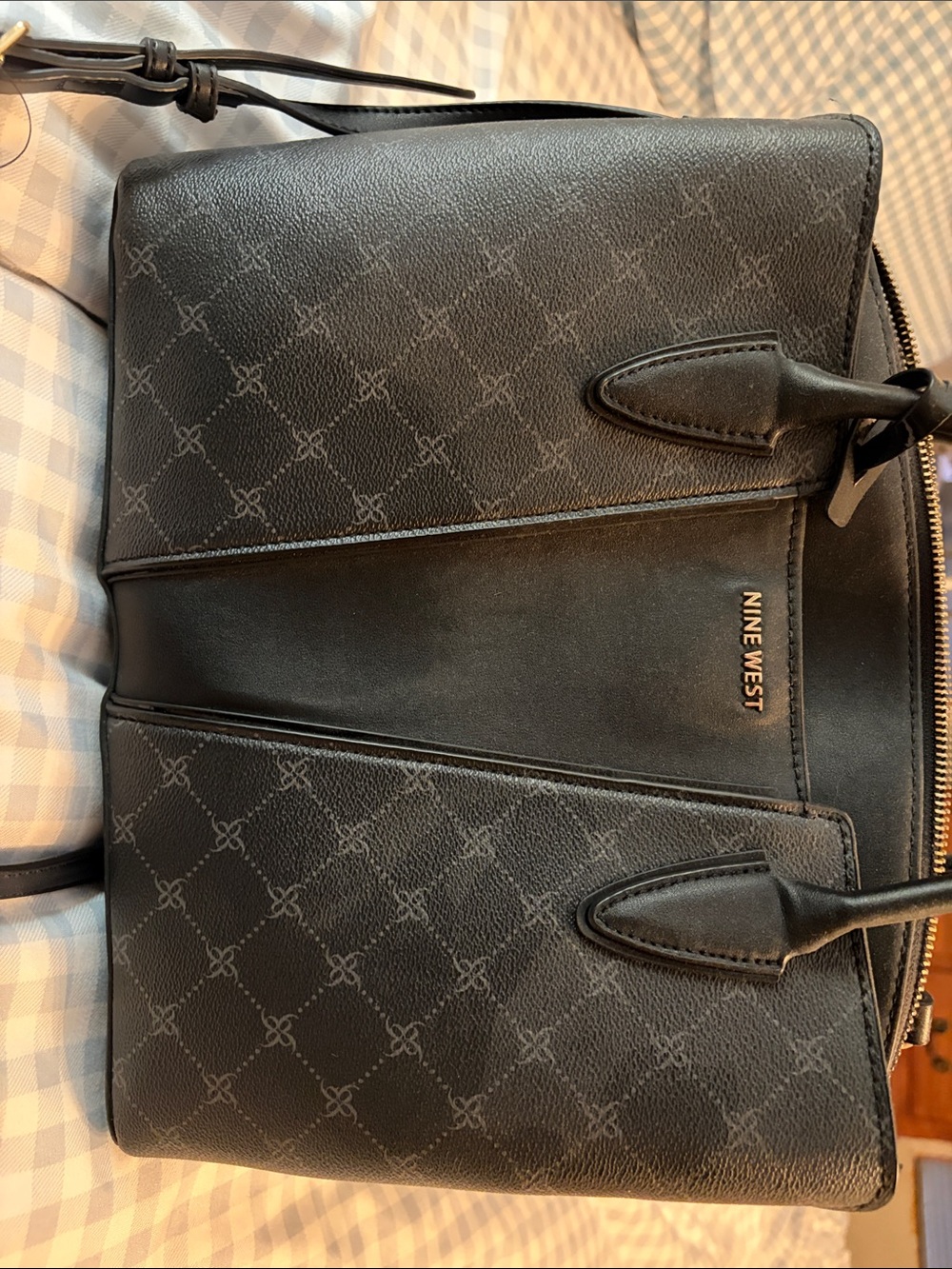 Nine West Black Patterned Messenger Tote with Top Handles